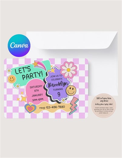 Groovy Birthday Invitation, Retro Pastel Girls Party Invite, Canva Template (digital Download) - Etsy