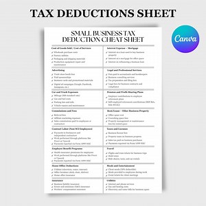 Tax Deduction Sheets, Business Tax Deductions,tax Deduction Tracker, Small Business Tax Deduction Cheat Sheet, Printable Tax Sheet - Etsy