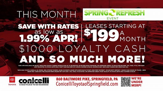 🌼 Drive into Spring Savings at Conicelli Toyota! 🚗✨ Discover incredible deals on 350 new Toyota models. Don't miss out—visit us on Baltimore Pike today! 💰🌸 #SpringSavings #ConicelliToyota #NewCarDeals | Conicelli Toyota of Springfield