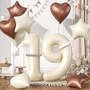 19 Cream White Balloons, 19 Number Balloons Set, Beige Number 19 Balloons, Brown Sand White Foil Star Heart Balloon With Long Balloon For 19th 9th Birthday Party 1st Baby Shower Decorations