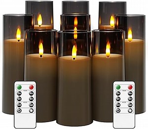 LED Kerzen, Acryl Flackernde Flammenlose Kerzen, Batteriebetriebene Kerzen mit Fernbedienung und Timer, Stumpenkerzen Packung von 9 (D2.3 xH 5" 6" 7") für Home und Feste Decor（Grau）