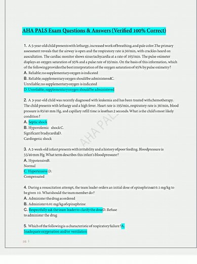 AHA PALS Exam Questions and Answers for 2025