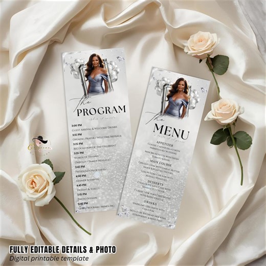 White Silver Menu and Program Card, Birthday Dinner Menu With Photo, Retirement Party Program Schedule Diamond Theme Printable Template - Etsy