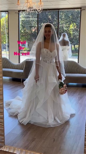 ✨Please help: veil or no veil. This romantic, whimsy dress features a slight basque waist, a fun layered skirt and a corset style bodice. It’s perfect to inspire all the engaged girlies 💍! #engaged💍 #weddingdressinspiration dress in | Flares bridal