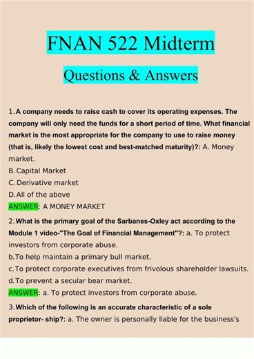 FNAN 522 Midterm Exam Questions Answers2022 Verified Answers5240