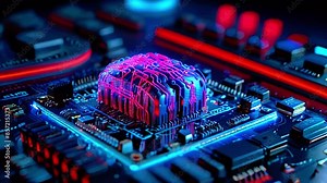 This video shows a close up of a computer processor with blue and red lights on the surface.