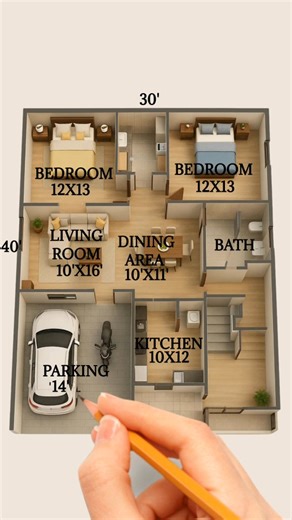 sd_construction on Instagram: "🏡✨ Smart & Spacious 30x40 Floor Plan Design! ✅ 2 Bedrooms (12x13 each) ✅ Stylish Living Room + Dining Area ✅ Modern Kitchen ✅ Car Parking Space 🚗🏍️ Perfect for a modern family lifestyle! ❤️ Designed by SD Construction Company – Turning Dreams into Reality 🏠 #SDConstructionCompany #FloorPlanDesign #HouseDesign #HomePlan #30x40House #2BHKDesign #ModernHome #HouseElevation #DreamHome #InteriorDesign #NakshaDesign #UrbanArchitecture #ConstructionIdeas #HomeGoals #H