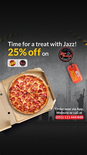 2.1K views · 2.9K reactions | Pizza lovers! Satisfy your taste buds with 25% off at NewYorker Pizza using promocode JAZZ25, exclusively for Jazz users. Don't let this super deal slip away! Place your order now via helpline, 051 111 444 848 or visit the NYP app or website. #JazzSuper4G | Jazz | Facebook