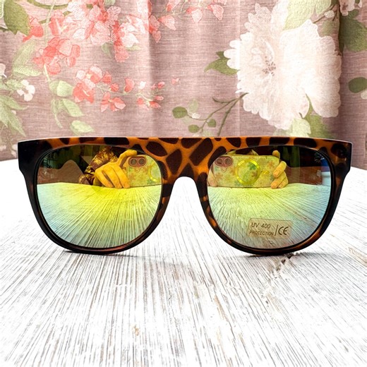 Flat-top Tortoise-shell Sunglasses With Green Mirror Lenses - Etsy
