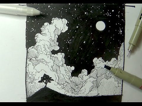 Pen & Ink Drawing Tutorials | How to draw a night sky landscape with moon, stars & clouds
