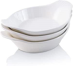 KOOV Ceramic Bakeware Set, 10 x 6 Inches Au Gratin Baking Dish Set with Double Handle for Kitchen and Home, Oval Baking Pan Wave Series, 20 OZ Set of 3 (White)