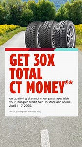 Get 30x Total CT Money® on qualifying tire and wheel purchases with your Triangle® credit card from April 4 – 7, 2024. Visit https://www.canadiantire.ca/en/cat/automotive/tires-wheels/tires-DC0002726.html for more details. | Canadian Tire | Facebook