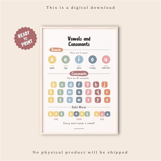 Vowels and Consonants Chart, Phonics Poster, Classroom Alphabet Poster, Alphabet Chart, Educational Wall Art - Etsy