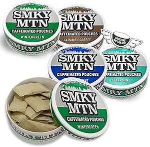 Smokey Mountain Caffeinated Pouches - 5 Can Sampler Pack - 2 Wintergreen and 1 Each of Spearmint, Arctic Mint, & Caramel Coffee - 15 Pouches Per Can