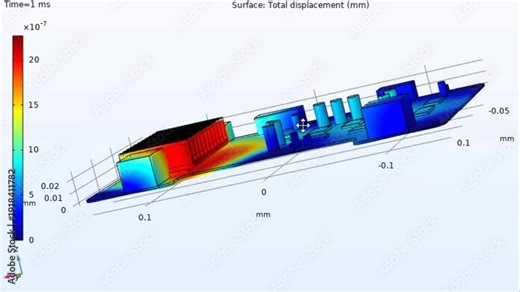 Video animation of computer 3d modeling of temperature analysis, displacement of printed circuit board surface of electronic device, pcb components (capacitor, integrated circuit, radiator).