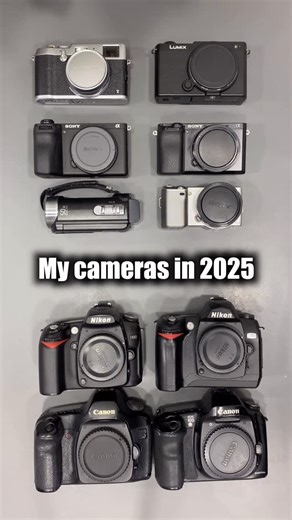 Shuttario on Instagram: "My 2025 camera collection: Sony NEX-5, Sony a6100, Sony a6700, Nikon D70, Nikon D90, Canon 10D, Canon 5D, Lumix S9, Fujifilm X100T, Sony SX-20, DJI Pocket 3 #dslr #mirrorless #digitalcamera"