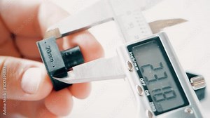 Engineer measures 3D printed sample with an electronic caliper or calliper. Metrology or quality control related close-up shot