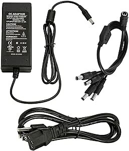 12V 5A Power Adapter & 4-Way Splitter Pigtail Cable, 3 Prong Power Cord, UL Listed, Fits DVR NVR AHD TVI CCTV Security Surveillance Camera System, LED Strip Lights