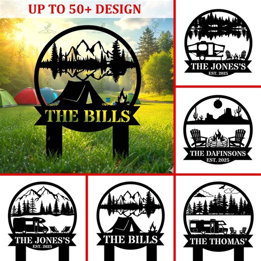 Personalized Camping Metal Sign With Mountain & Tent Scene, Custom Family Name Outdoor Wall Art, RV Campfire Decor - Etsy
