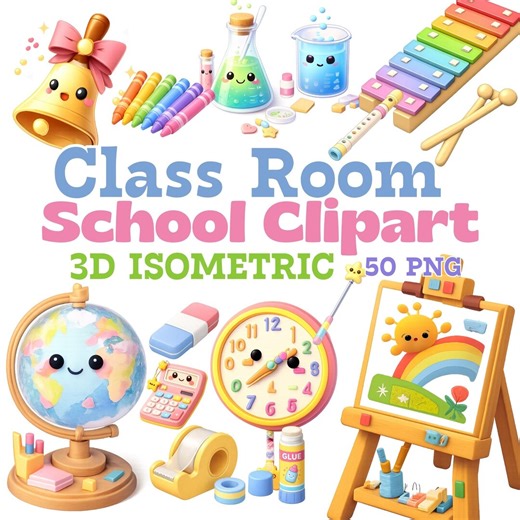 Classroom School Clipart - 50 PNG 3D Educational Tools, Desk Supplies, Math Icons - Etsy