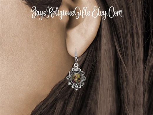 Bronze or Silver - Saint Cecilia of Rome Flower Earrings - Catholic Patron Saint Photo Gift for Her - Religious Jewelry Gift for Women - Etsy