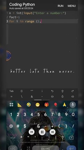 Factorial of n using for loop in python #pythontutorial #pythonforbeginners #pythonprogramming