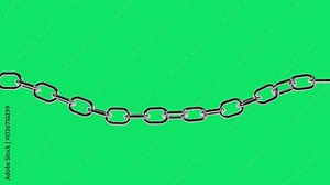 3d presentation of a set of Connected Long metal chains looping links on a green screen. Close-up view of a Connectivity silver chain, Falls And Swings animation on the chroma key, 4k animation