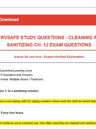 SERVSAFE STUDY QUESTIONS 2026 🚀 | Cleaning & Sanitizing (Ch. 12) 🔥📘 10 Q&A Practice 🎯 Prepare for success with this updated 2026 ServSafe Chapter 12 practice test on Cleaning and Sanitizing! 🧼✨ Featuring 10 real-style questions and answers designed to strengthen your understanding of proper cleaning procedures, sanitizing methods, and food safety standards 🍽️🛡️ Perfect for food handlers, restaurant staff, managers, culinary students, and anyone preparing for certification in 2026 🏆🔥 Mas