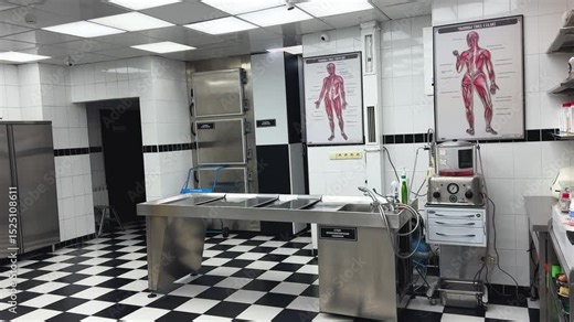 Autopsy table in a hospital. Empty modern morgue. Examination of a body after death, preparation of a corpse for burial, cremation in a crematorium.