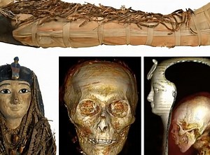 See more 👉 👉https://a72.eternalhistories.com/1636/ For millennia, the mummy of Amenhotep I, an esteemed leader of ancient Egypt, has remained intact, lavishly adorned with floral wreaths and an exquisite face mask. Scientists have traditionally hesitated to unwrap the mummy due to fears of causing irreversible damage. However, a pioneering group of researchers has now employed advanced CT scanning technology to digitally explore the mysteries hidden beneath the wrappings. This virtual unwrappi