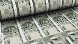 Printing of Indian 500 Rupee Bank Notes in a Currency Printing Press on Modern Machinery. Machines rolling out fresh 500 rupee bank notes, showcasing the meticulous currency printing process.