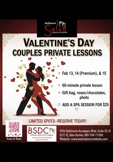 💃❤️ Celebrate Love with Baltimore Salsa Dance Company! ❤️🕺 Looking for a unique Valentine’s experience? Book a private 60-minute couples dance lesson at BSDC Dance Institute! No experience needed—just bring your partner and get ready to make memories on the dance floor. ✨ What’s Included: • 60-minute private lesson (Salsa, Bachata, or both) • BSDC gift bag • Chocolates • A single elegant artificial rose (lasting keepsake) • Digital keepsake photo • Optional: Add a 15-minute spa/wellness sessio
