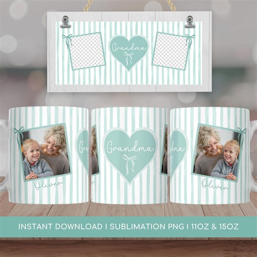 Grandma Bow Mug Wrap, Grandmother PNG Sublimation, Custom Photo Mug Design.