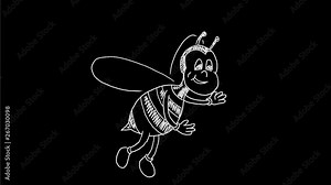 2d Animation motion graphics drawing of a cartoon busy honey bee flying and waving on white and green screen with alpha matte in HD high definition.