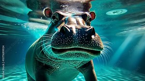 An underwater view of a hippo swimming gracefully, capturing the beauty and tranquility of the animal in its natural aquatic habitat.
