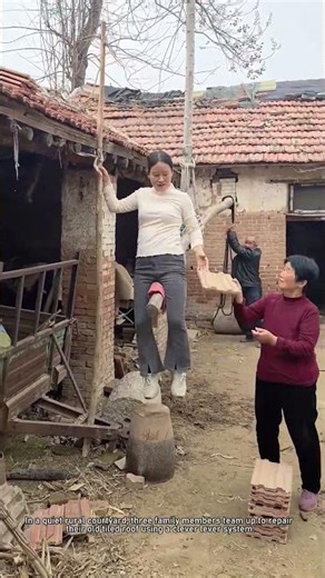 Village Family Uses Lever to Lift Roof Tiles