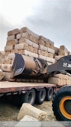 Loaders unload hay bales directly, and flatbed trucks clear the bales from the side.