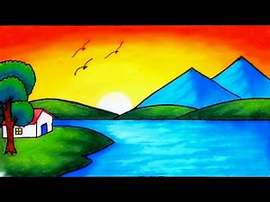 Landscape Drawing | How to Draw a Mountain and Lake Scenery at Sunset