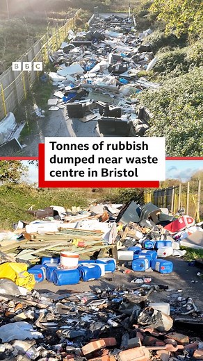 Tonnes of waste has been illegally dumped on a lane just a short distance from an official recycling site. The rubbish was found dumped along Kings Weston Lane in Avonmouth, less than a mile away from the Bristol Waste-run household waste centre. Bristol City Council said the huge pile contained nappies, plastic and pallets - Bristol Waste said the clear-up operation will cost £20,000. | BBC Bristol