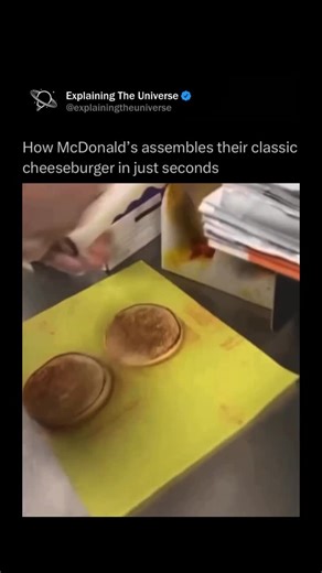 Explaining The Universe on Instagram: "McDonald’s burgers are made through a streamlined, highly standardized process designed for speed, consistency, and food safety. The beef patties start out as ground beef made from cuts like chuck, round, and sirloin, formed into thin, uniform disks and quickly frozen to lock in freshness. In restaurants, the patties are cooked on a flat-top grill that sears both sides, with cook times precisely controlled to ensure they’re safe and consistent worldwide. Sa