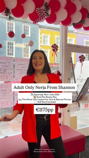 Escape to the sun with this 7-night getaway on Spain’s stunning Costa del Sol! 🏨 Hotel Riu Monica Plus 🛏️ Twin Room with Limited Sea View & Balcony/Terrace 🍽️ Half Board included 📍 Nerja – perfect for beach days and exploring Andalucia ✈️ Flights from Shannon (SNN) – Economy Class Outbound: 🗓️ Mon 1 June 2026 ✈️ Shannon → Malaga ⏰ 18:00 – 21:50 Return: 🗓️ Mon 8 June 2026 ✈️ Malaga → Shannon ⏰ 22:30 – 00:30 ( 1 day) 🧳 2 × 20kg checked bags included 🚌 Coach transfers included ✈️ Flights &