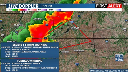 A TORNADO WARNING has been issued for the following counties: Rice, Steele, Le Sueur, Waseca until 4/28 5:45PM. If you are in the tornado warning area, get to your shelter or safe place now. | KEYC News Now