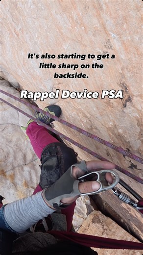 Molly Ohm on Instagram: "When’s the last time you checked the sharpness of your rappel device? PSA for climbers out there that do a lot of rappelling, ATCs / tube devices can get really sharp from ropes running through them! If they’re sharp they can start to abrade your rope sheath (ever seen colorful fuzzies all over your device at the bottom?) and could use a replacement. Also might be time to replace my carabiner 😅"