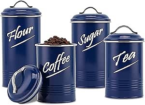 Hillbond Kitchen Canister Sets for Countertop Food Storage Containers Stainless Steel with Powder Coated Decorative Metal Storage Jars for Kitchen Counter Set of 4 (Navy Blue)