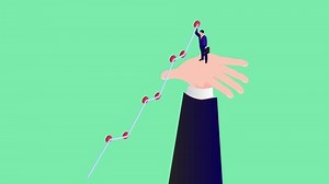 Animation d'homme d'affaires dessinant un graphique financier de croissance tout en se tenant sur la main de l'aide. Dessin en résolution 4k