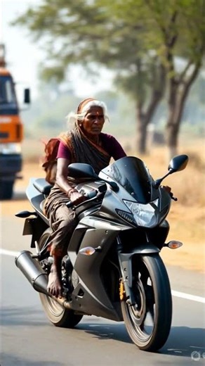 Old woman riding sports bike