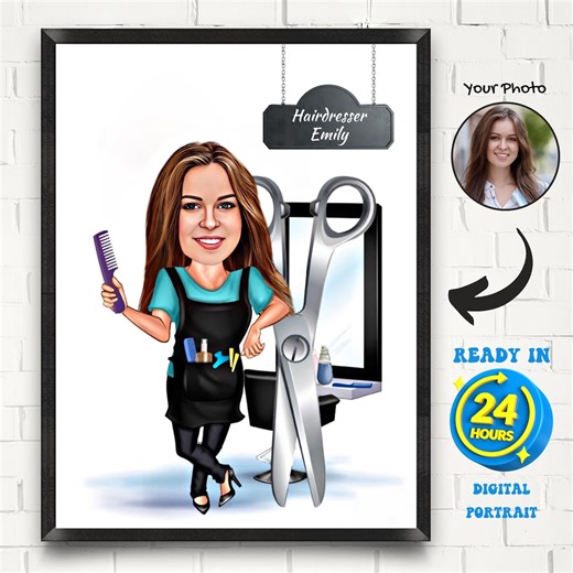 Personalized Woman Hairstylist Caricature Drawing From Photo | Hairdresser Cartoon Portrait | Funny Barber Cartoon - Etsy