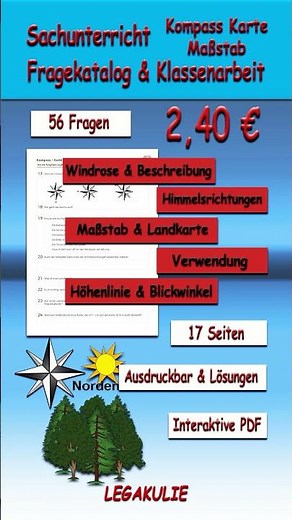 Kompass Karte - Arbeitsblatt über Funktion, Maßstab, Windrose, Landkarte #shorts #kompass #sachkunde