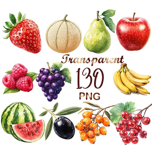 130 Watercolor Fruit Clipart PNG, Tropical & Fresh Fruits Bundle, Realistic Fruit Set, High Quality Food Clipart - Etsy