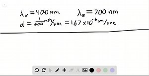 Intense white light is incident on a diffraction grating that has 600 lines / mm. (a) What is the highest order in which the complete visible spectrum can be seen with this grating? (b) What is the angular separation between the violet edge (400  nm) and the red edge (700  nm) of the firstorder spectrum produced by the grating? | Numerade